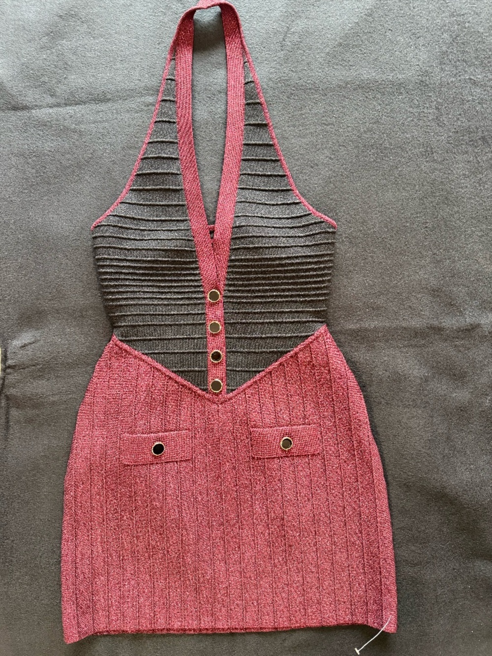 Retrofête Sloane Metallic Bandage Knit Halter Mini Dress Pink Brown